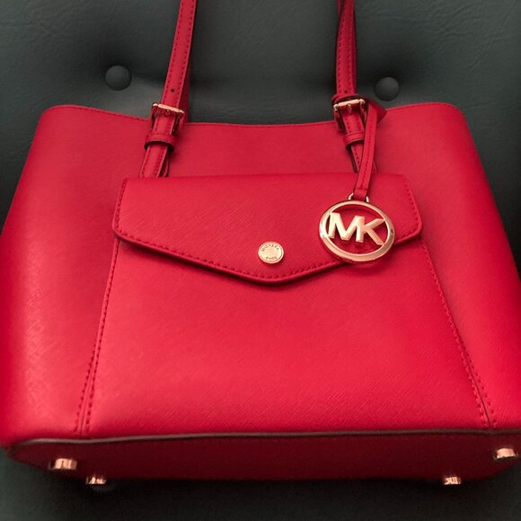 Michael Kors Bright Red Jet Set Front Pocket w/ Flap Closure Leather Tote - Picture 2 of 14